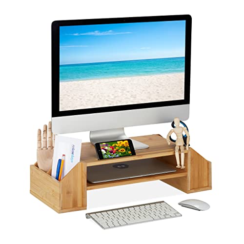 Relaxdays Monitorständer aus Bambus, Ablagen und Fächer, HBT: 16 x 57,5 x 25 cm, Bildschirmständer Schreibtisch, Natur von Relaxdays