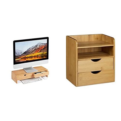 Relaxdays Monitorständer aus Bambus, PC Erhöhung mit 2 Schubladen, HBT 11,5 x 47 x 18 cm, Natur & Schreibtisch-Organizer HBT: 19,5x13x21 cm Schreibtisch-Organizer Bambus, Natur von Relaxdays