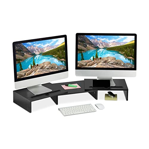 Relaxdays Monitorständer für 2 Monitore, ausziehbar, verstellbar, Monitorerhöhung Schreibtisch, PC Organizer, schwarz, 1 Stück von Relaxdays