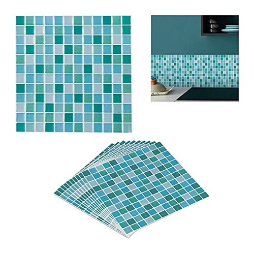 Relaxdays Mosaik Fliesenaufkleber, 10er Set, selbstklebend, Küche & Badezimmer, 23,5x23,5 cm, 3D Klebefliesen, grün/blau von Relaxdays