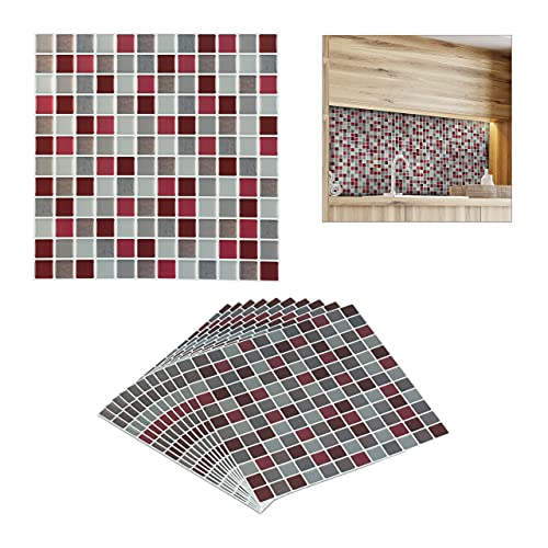 Relaxdays Mosaik Fliesenaufkleber, 10er Set, selbstklebend, Küche & Badezimmer, 23,5x23,5 cm, 3D Klebefliesen, rot/braun von Relaxdays