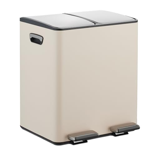 Relaxdays Mülleimer, 2 Fächer, je 15 Liter, entnehmbare Inneneimer, Fußpedal, Küche, Tretmülleimer, Eisen, beige/Silber von Relaxdays