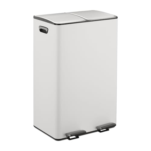 Relaxdays Mülleimer, 2 Fächer, je 30 Liter, entnehmbare Inneneimer, Fußpedal, Küche, Tretmülleimer, Eisen, weiß/Silber von Relaxdays