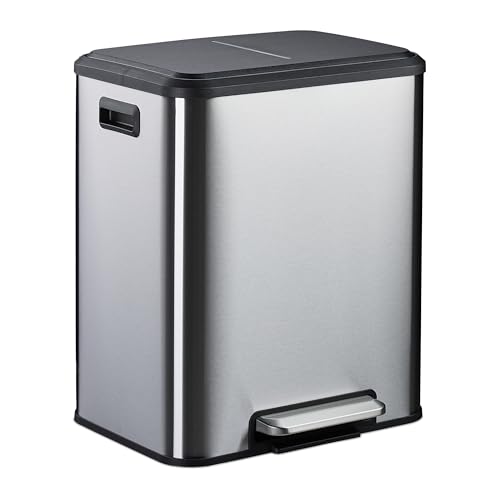Relaxdays Mülleimer 2 x 15 Liter, Küchenmülleimer mit entnehmbare Inneneimer, Absenkautomatik und Trittpedal, Silber von Relaxdays