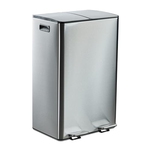 Relaxdays Mülleimer 2x30 Liter, Küchenmülleimer, Inneneimer entnehmbar, Absenkautomatik & Trittpedal, Edelstahl, Silber von Relaxdays