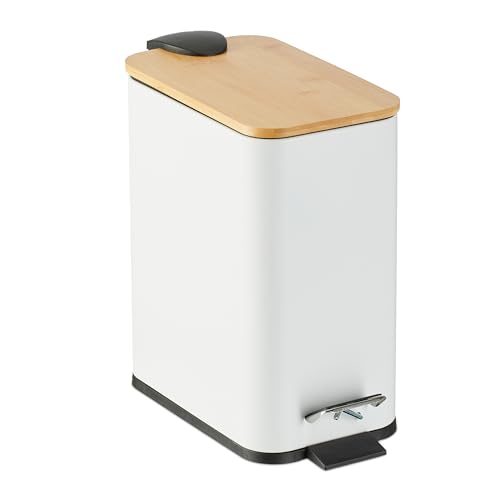 Relaxdays Mülleimer Bad, 5 Liter, entnehmbarer Inneneimer, Kosmetikeimer, Metall, Badmülleimer mit Bambusdeckel, weiß von Relaxdays