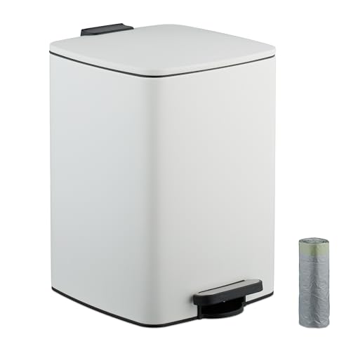 Relaxdays Mülleimer Küche, 20 Liter, entnehmbarer Inneneimer, Fußpedal, mit Müllbeutel, Tretmülleimer, Eisen, weiß von Relaxdays