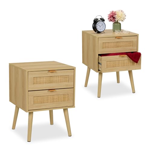 Relaxdays Nachttisch, 2er Pack, 2 Schubladen, Rattan, Holzoptik, HBT: 55x40x41,5 cm, Schlafzimmer, Nachtschrank, natur von Relaxdays