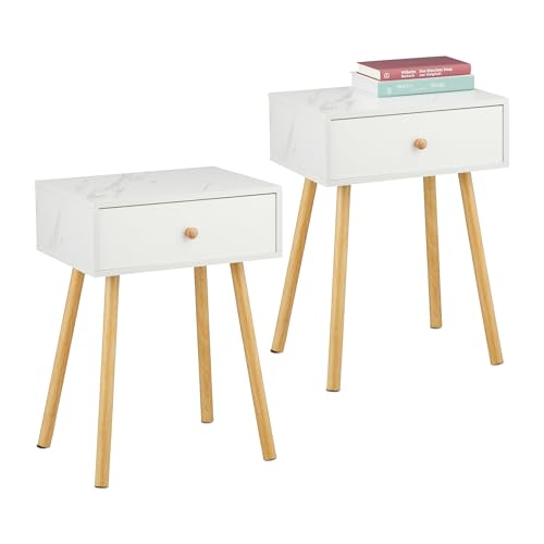 Relaxdays Nachttisch, 2er Set, Schublade, Marmor- & Holzoptik, HBT: 55x40x32 cm, Schlafzimmer, Nachtschrank, weiß/Natur von Relaxdays