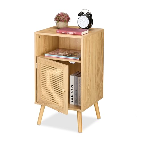Relaxdays Nachttisch, Rattan-Tür, Holzoptik, HxBxT: 72 x 40 x 39 cm, offenes Fach, Schlafzimmer, Nachtschrank, Natur von Relaxdays