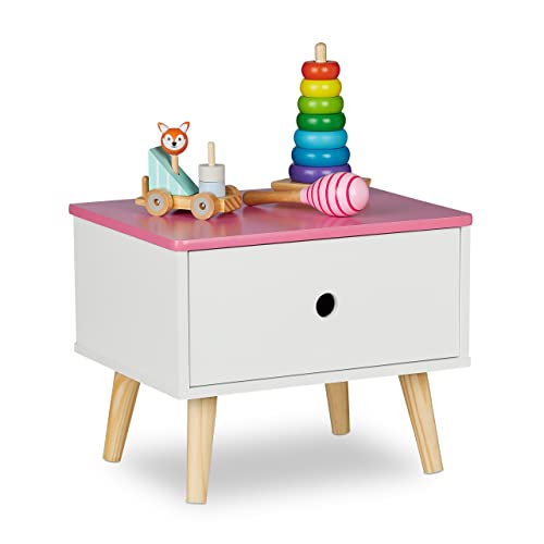 Relaxdays Nachttisch Kinder, mit Schublade, HBT 31 x 38 x 30 cm, Kinderzimmer, kleine Kommode, Holz & MDF, weiß/rosa von Relaxdays