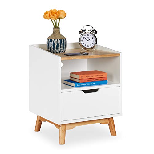 Relaxdays Nachttisch mit Holzbeinen, skandinavisches Design, Schublade, offenes Fach, Betttisch 50 x 43 x 40 cm, weiß von Relaxdays