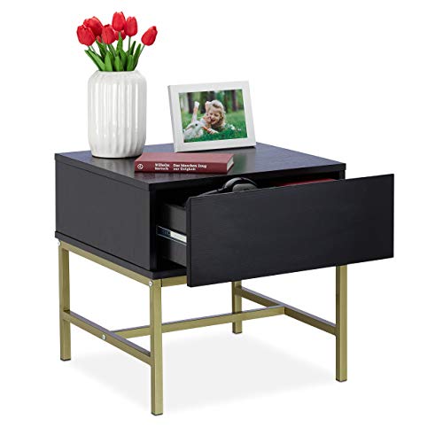 Relaxdays Nachttisch schwarz, quadratischer Beistelltisch m. Schublade, Holz, goldenes Metallgestell, 50x50x50 cm, black von Relaxdays