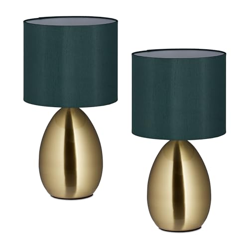 Relaxdays Nachttischlampe, 2er Set, mit Schalter, Fensterlampe, 3 Stufen, E14, Tischlampe, HD: 33,5x18 cm, Messing/grün von Relaxdays