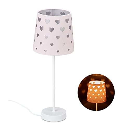 Relaxdays Nachttischlampe Kinder, Herzen, Stoff Lampenschirm, für Baby und Kind, Kinderlampe HxD: 43 x 16 cm, rosa-weiß von Relaxdays