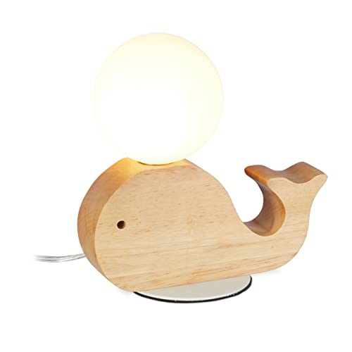 Relaxdays Nachttischlampe für Kinder, Babyzimmer, G9 7W, Deko Holzwal, Glaskugel, Wal LED Lampe 20x20x10 cm, Natur, Weiss-braun 10029493 von Relaxdays