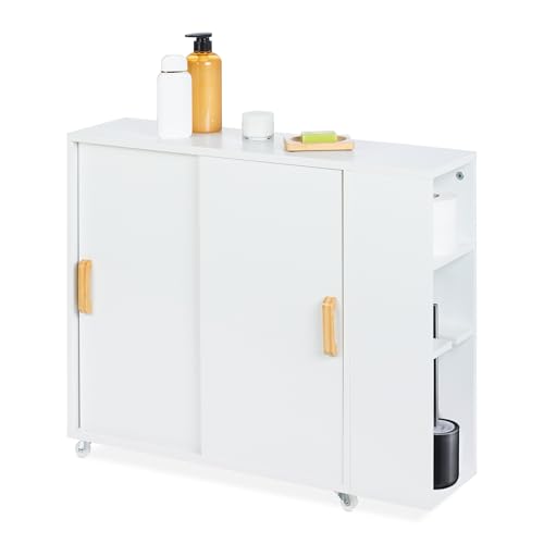 Relaxdays Nischenschrank, 4 Fächer, WC-Bürstenhalter, HxBxT: 62 x 19,5 x 64 cm, Bad, MDF, Bambus, Rollwagen, weiß/Natur von Relaxdays