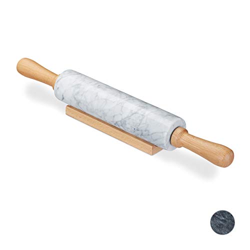 Relaxdays Nudelholz Marmor, Griffe aus Holz, Teigroller zum Kochen & Backen, mit Ablage, 48 cm, schwere Backrolle, weiß von Relaxdays