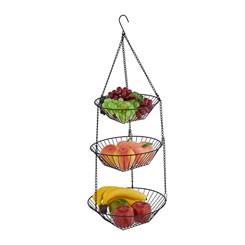 Relaxdays Obstkorb hängend, H x D: 73 x 28 cm, 3 Etagen, Stahl, runder Hängekorb für Obst & Gemüse, Obstschale, schwarz von Relaxdays
