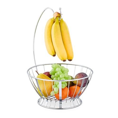 Relaxdays Obstkorb mit Bananenhalter, Metall, HxBxT: 40x28x26,5 cm, runde Obstschale, für Früchte und Gemüse, Silber von Relaxdays