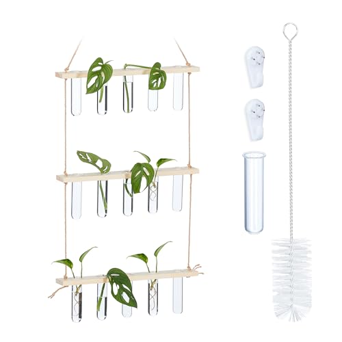 Relaxdays Pflanzen Vermehrungsstation, hängend, Reagenzglasvasen mit Holzregal, Hydrokultur, 3 Ebenen, Natur/transparent, 1 Stück von Relaxdays