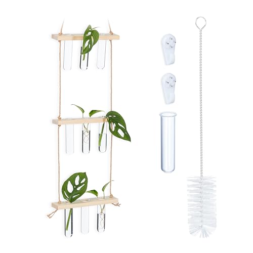 Relaxdays Pflanzen Vermehrungsstation, hängend, Reagenzglasvasen mit Holzregal, Hydrokultur, 3 Ebenen, Natur/transparent von Relaxdays