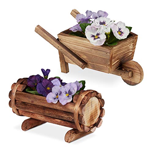 Relaxdays Pflanzengefäß Holz, 2 Stück, Pflanzschubkarre & halbes Blumenfass, Gartendeko, zum Bepflanzen, rustikal, Natur von Relaxdays