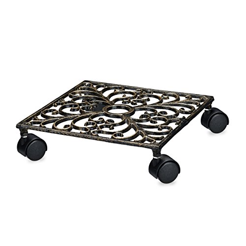 Relaxdays Pflanzenroller Gusseisen quadratisch ca. 27,5 x 27,5 cm Blumentopfuntersetzer Metall mit 4 Rollen Blumenroller im antiken Design Rolluntersetzer im Jugendstil stabil und wetterfest, bronze von Relaxdays