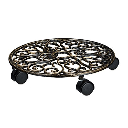 Relaxdays Pflanzenroller Gusseisen rund Ø ca. 33,5 cm Blumentopfuntersetzer aus Metall mit 4 Rollen Blumenroller im antiken Design Rolluntersetzer im Jugendstil stabil und wetterfest, bronze von Relaxdays