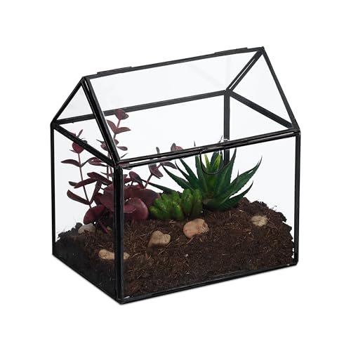 Relaxdays Pflanzenterrarium, Glas & Zinn, Deko Glashaus für Kakteen & Moos, Glaskasten für Fensterbank, schwarz von Relaxdays