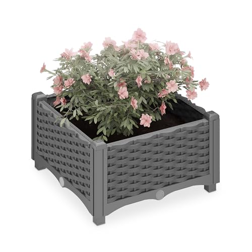 Relaxdays Pflanzkübel, Rattan-Optik, HBT: 23x40x40 cm, Garten, Balkon & Terrasse, Blumenkübel mit Wasserspeicher, grau von Relaxdays