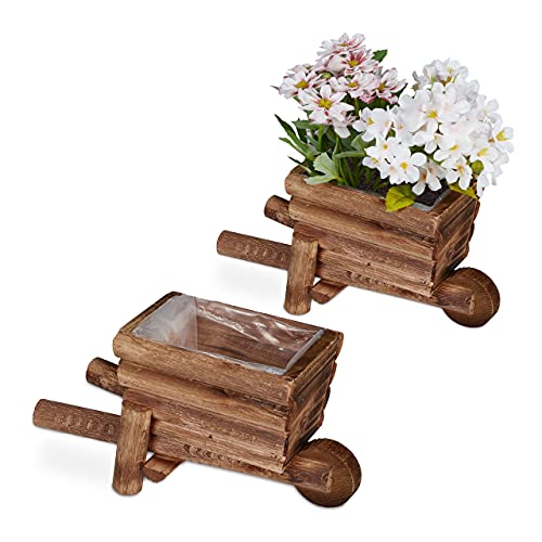 Relaxdays Pflanzschubkarre, 2er Set, Gartendeko, H x B x T: 12,5 x 26 x 12 cm, Blumenkarre zum Bepflanzen, Holz, Natur von Relaxdays