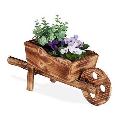 Relaxdays Pflanzschubkarre, gebranntes Holz, Gartendeko, Vintage Design, zum Bepflanzen, HxBxT: 19 x 47 x 15 cm, Natur von Relaxdays