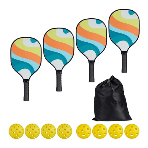 Relaxdays Pickleball Set, 4 Schläger & 8 Bälle, Ballspiel USA, Anfänger & Profis, Paddles mit Beutel, Holz, Mehrfarbig von Relaxdays