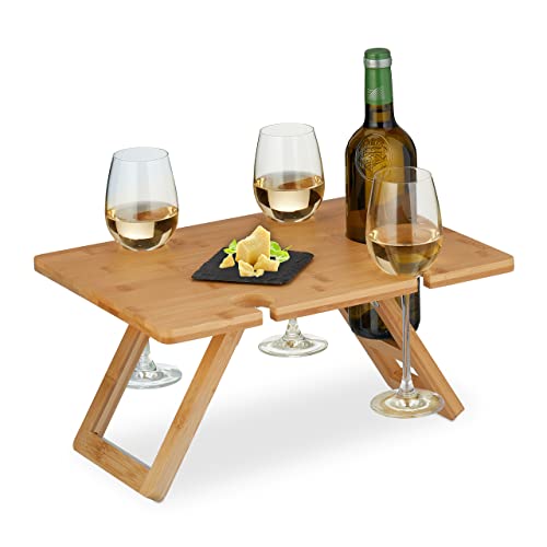 Relaxdays Picknick Weintisch, klappbar, HBT: 20x40x30 cm, Halterung 4 Weingläser & 1 Flasche, Bambus Weintablett, Natur von Relaxdays