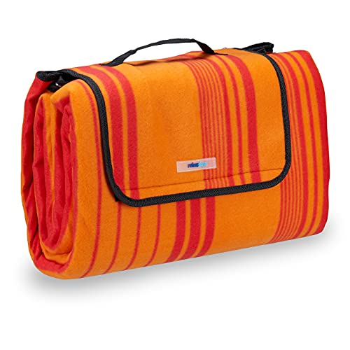 Relaxdays Picknickdecke Fleece, wasserdichte Outdoordecke, wärmeisoliert, Tragegriff, XL 200x200cm, orange-rot gestreift von Relaxdays