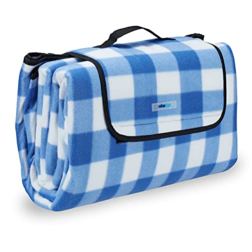 Relaxdays Picknickdecke XXL, 200 x 200 cm, Fleece Stranddecke, wärmeisoliert, wasserdicht, mit Tragegriff, blau-weiß von Relaxdays