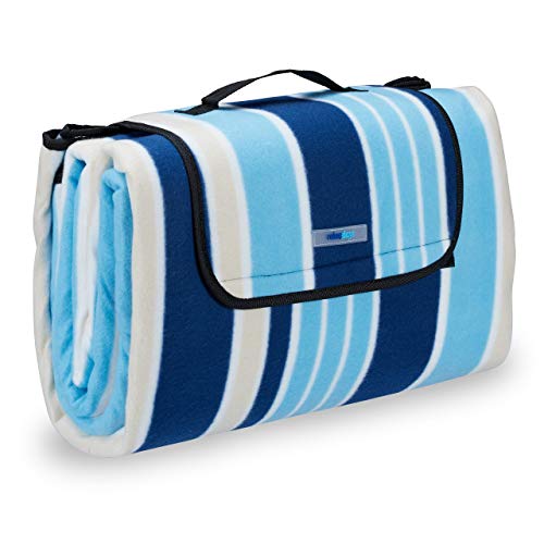 Relaxdays Picknickdecke XXL, 200 x 200 cm, Fleece Stranddecke, wärmeisoliert, wasserdicht, mit Tragegriff, blau-weiß von Relaxdays