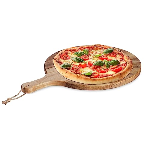 Relaxdays Pizzabrett, rundes Schneidebrett aus Akazienholz, Ø 35,5 cm, Pizzateller mit Griff, Käsebrett, Natur von Relaxdays