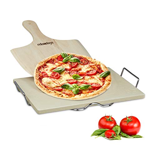 Relaxdays Pizzastein Set 1,5 cm Stärke mit Metallhalter und Pizzaschieber aus Holz HBT 1.5 x 38 x 30 cm rechteckiger Brotbackstein für Pizza und Flammkuchen mit Pizzaschaufel für Pizzaofen, natur von Relaxdays