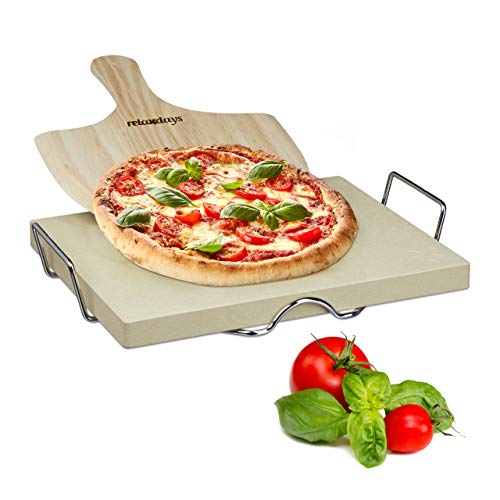 Relaxdays Pizzastein Set 3 cm Stärke mit Metallhalter und Pizzaschieber aus Holz HBT: 38x 30x 3cm rechteckiger Brotbackstein für Pizza und Flammkuchen mit Pizzaschaufel für Pizzaofen, natur von Relaxdays