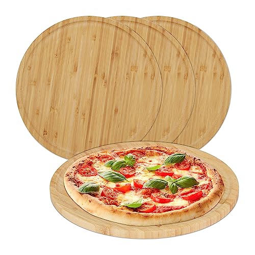 Relaxdays Pizzateller, 4er Set, Bambus, Ø 32 cm, Servierbrett für Pizza, Flammkuchen, Käse, rundes Pizzabrett, natur von Relaxdays