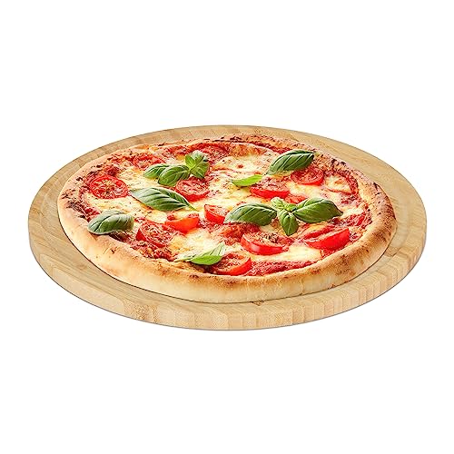 Relaxdays Pizzateller, natürlicher Bambus, Ø 32 cm, Servierbrett für Pizza, Flammkuchen, Käse, rundes Pizzabrett, Natur von Relaxdays