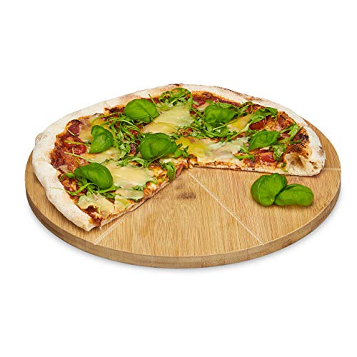 Relaxdays Pizzateller Bambus 33 cm Durchmesser, Schneidbrett aus Holz, schnittfestes Pizzabrett mit 6-facher Einteilung für gleichmäßig große Stücke, Holzteller für Pizza, natur, 33 x 33 x 1.5 cm von Relaxdays