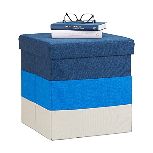 Relaxdays Polster Hocker mit Stauraum, gestreifter Sitzhocker, faltbarer Polsterhocker HBT: 38 x 38 x 38 cm, blau-weiß von Relaxdays