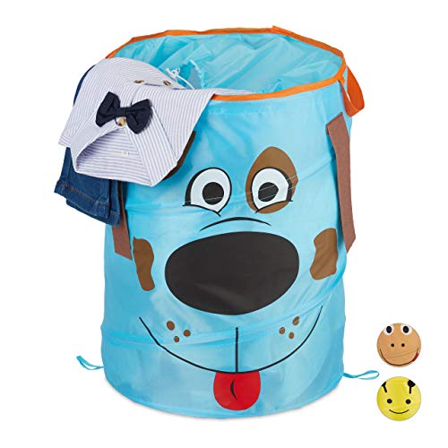 Relaxdays Pop-Up Wäschekorb für Kinder, Tiermotiv Hund, Faltbar, 39 l Stauraum, Aufbewahrungskorb HxD: 43 x 34 cm, blau von Relaxdays