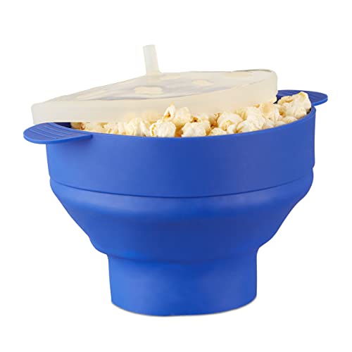 Relaxdays Popcorn Maker Silikon für Mikrowelle, zusammenfaltbarer Popcorn Popper, Zubereitung ohne Öl, BPA-frei, blau, 25.5 x 25.5 x 14.5 cm von Relaxdays