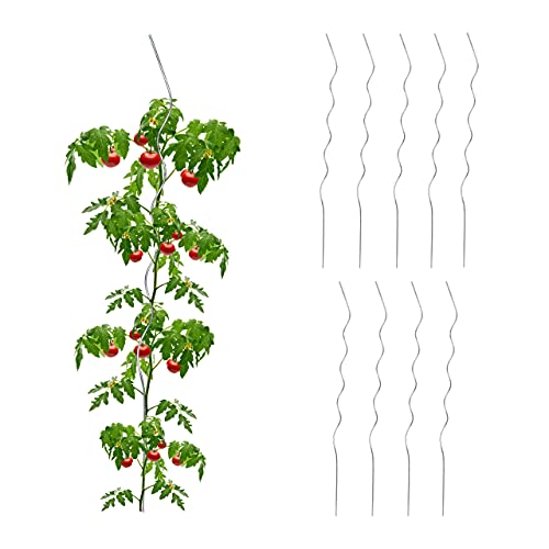 Relaxdays Rankhilfe 10er Set, spiralförmig, aus wetterbeständigem Eisen, für Tomatenpflanzen, H x D: 120 x 4 cm, Silber von Relaxdays