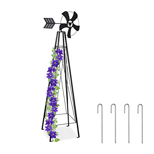Relaxdays Rankhilfe mit Windrad, Kletterhilfe für Rosen und Kletterpflanzen, mit Erdanker, Stahl, 184 cm hoch, schwarz von Relaxdays