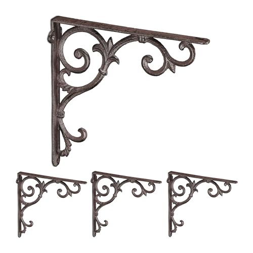 Relaxdays Regalwinkel, 4er Set, Gusseisen, antike Regalträger, Winkel Regalbretter, HxBxT: 24,5 x 4 x 24,5 cm, braun von Relaxdays